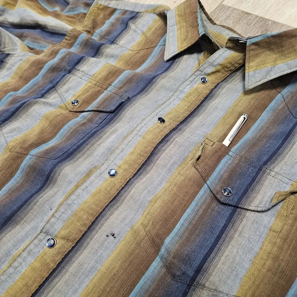 Wrangler Western Pearl Snap Button Up Striped Blue Grey Men's Medium Retro